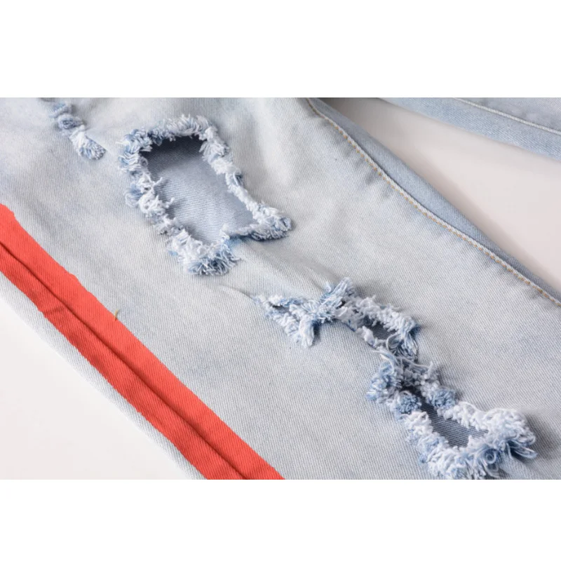 

Aolamegs High Street Stretch Men Jeans Ripped Hole Denim Pants Hand-paint Color Stripe Trousers Jeans Slim Straight Cowboy Pants