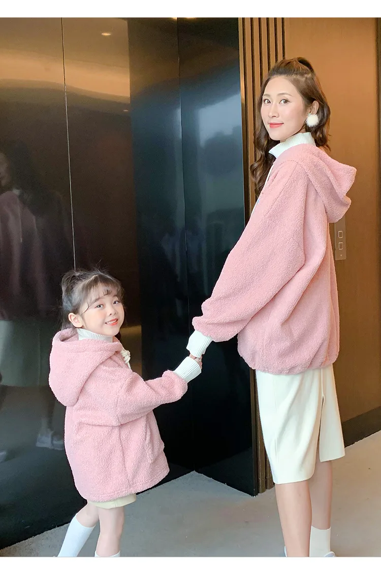

New Korean style winter faux fur solid color thick hooded sweatershirt for girls and women Mom-daughter clothing