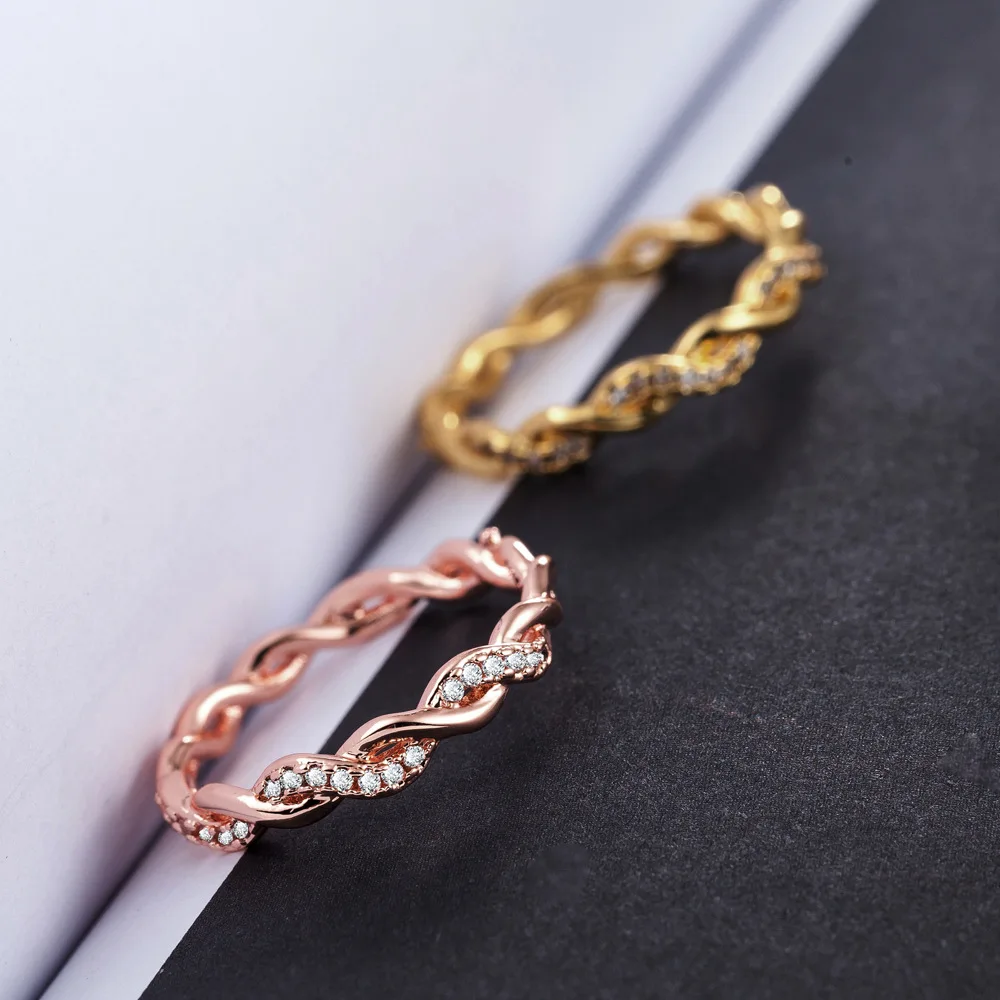 AMORUI Ladies Simple Cross Twisted Zircon Wave Engagement Ring Rose Gold/Gold Thin Finger Crystal Wedding Rings for Women Gift | Украшения