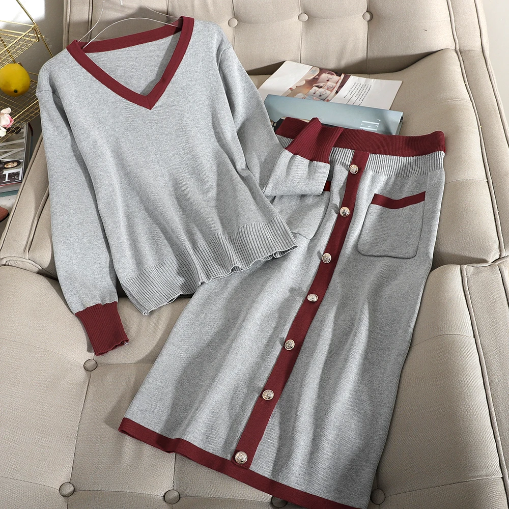 Ранняя весна новый модный кашемировый костюм с юбкой Женская юбка v-образным