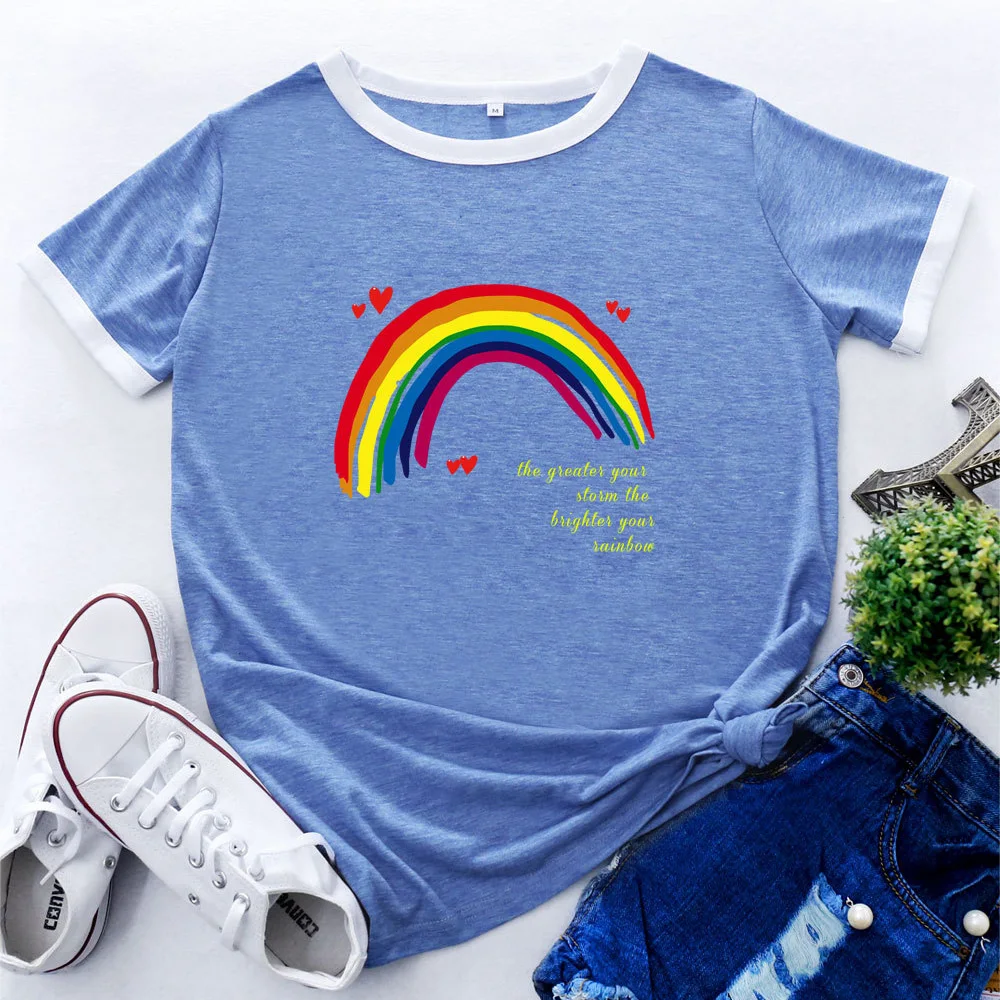 

Rainbow Tee Nature Sun Life Womens Colorblock Crewneck Short Shleeve Cotton Blend Summer T-shirts Graphic Tees Female Print Top