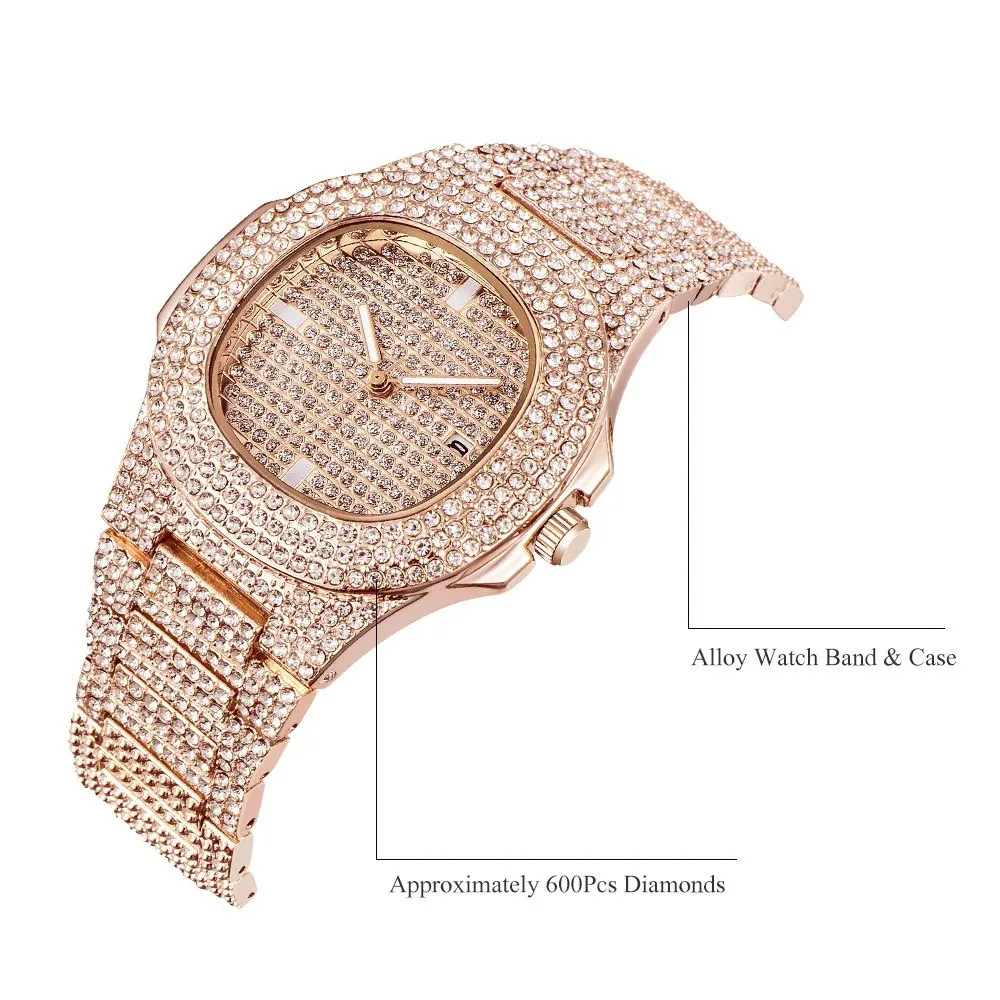 

Men Business Quartz Watch Luxury Full Diamond Watches Fashion Calendar Alloy Band Wrist Watch