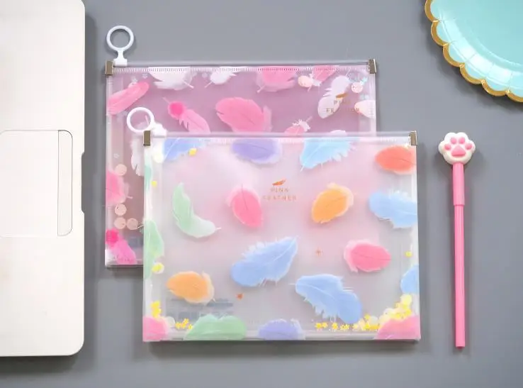 1 шт. Kawaii A5 красочные перьевые блестки прозрачная папка для файлов из ПП молния сумки для документов канцелярские принадлежности органайзер для хранения подарков