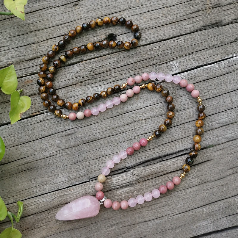 8mm Natural Stone Beads Rose Quartz Tigers Eye Pink Love JapaMala Sets Spiritual Jewelry Meditation Inspirational 108 Mala | Украшения и