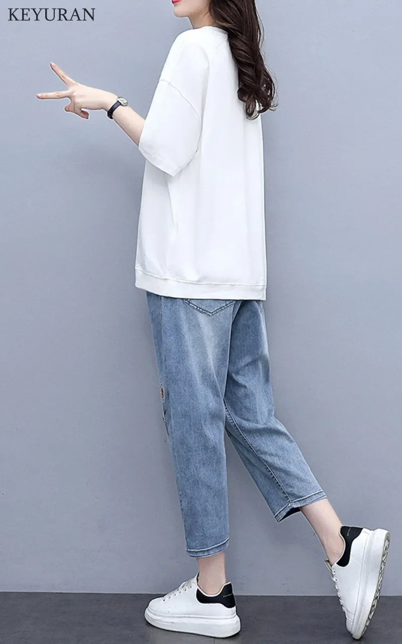 

Plus Size Women's Summer Suit Floral Print Loose T-Shirt and Casual Embroidery Harem Jeans Trouser Suits Two Piece Set Women