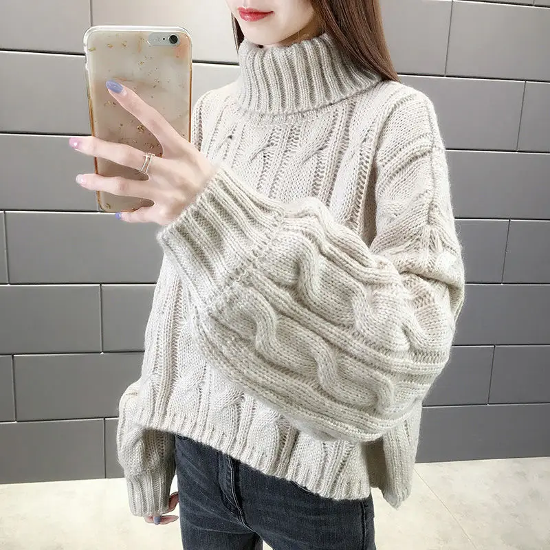 

Autumn Winter Women Turtleneck Knitted Sweater Korean Casual Solid Long Sleeve Oversized Thick Warm Pullovers Tops