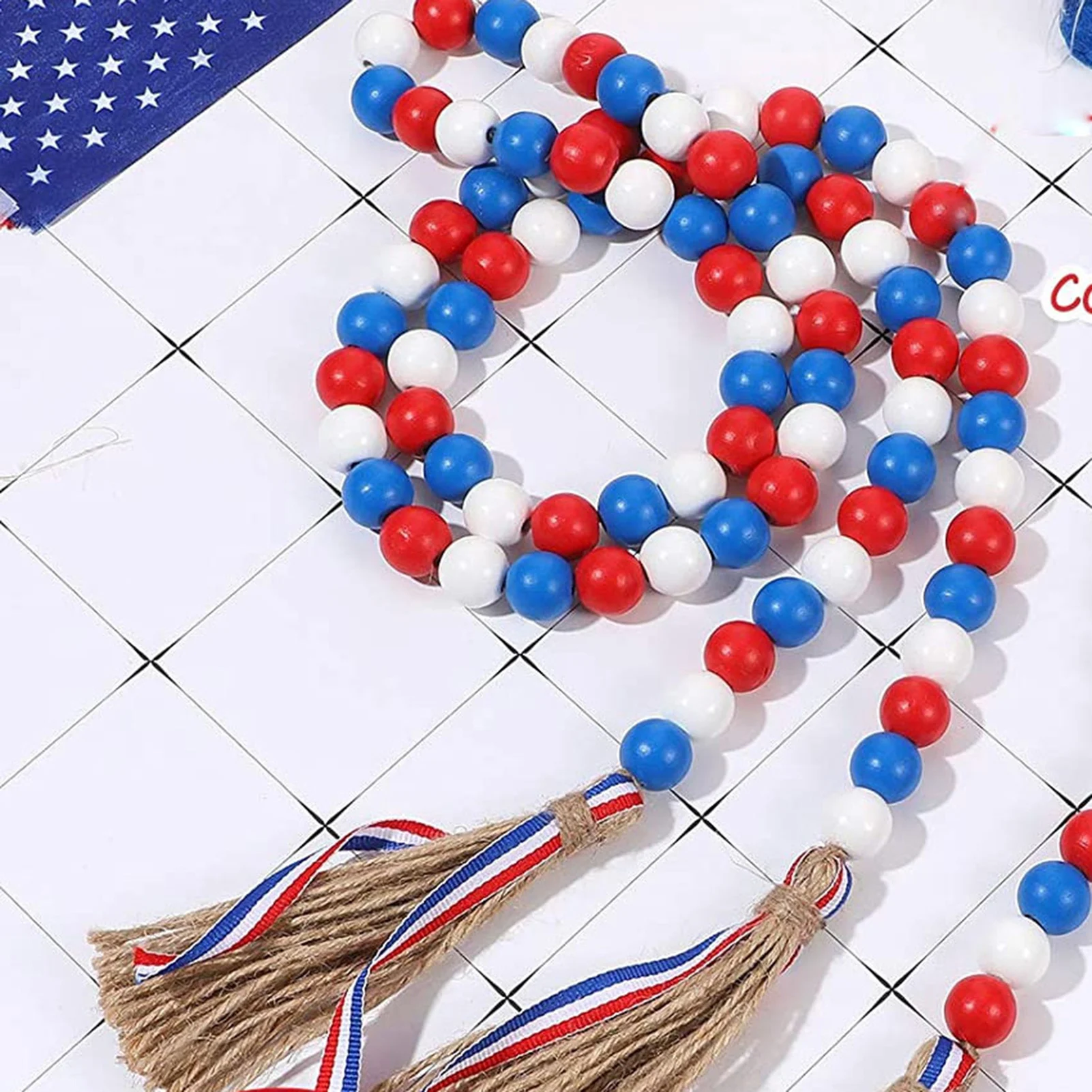 

Independence Day Decor Wood Bead Garland With American Flag And Rustic Tassels Farmhouse Wall Hanging Prayer Beads Home Decor