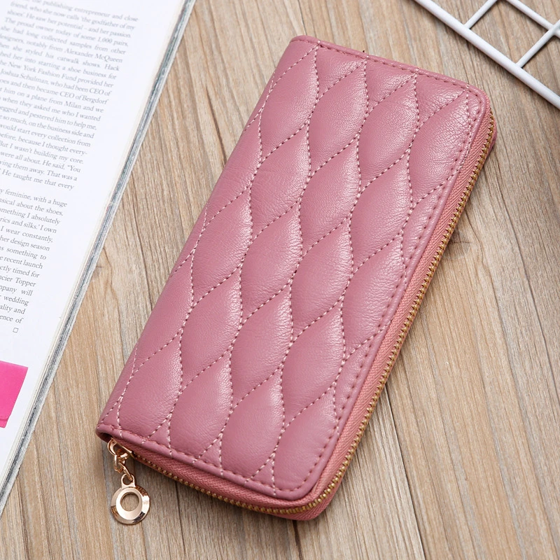 

Women Wallets Solid Color Long Lingge Embossing Zipper Coin Purses Female Pu Leather Card Holder Ladies Clutch Money Clip