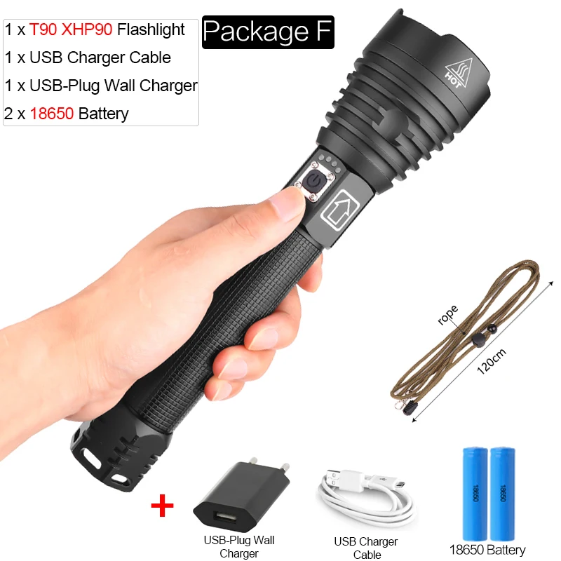 Package F XHP90 светодиодный фонарик X-Lamp заряжаемый через интерфейс USB фонарь XHP70.2 тактический фонарь Zoom светодиодный фонарик, водонепроницаемый фонарик с 18650 - Испускаемый цвет: Package F