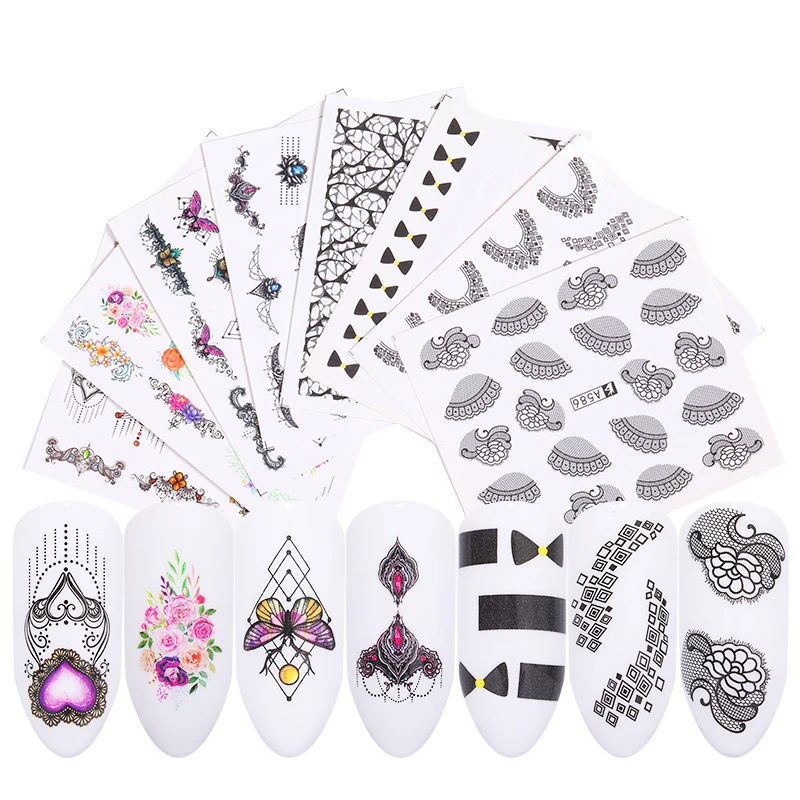 8 шт Корона ожерелье наклейка с цветком для ногтей переводная вода белые черные наконечники женские