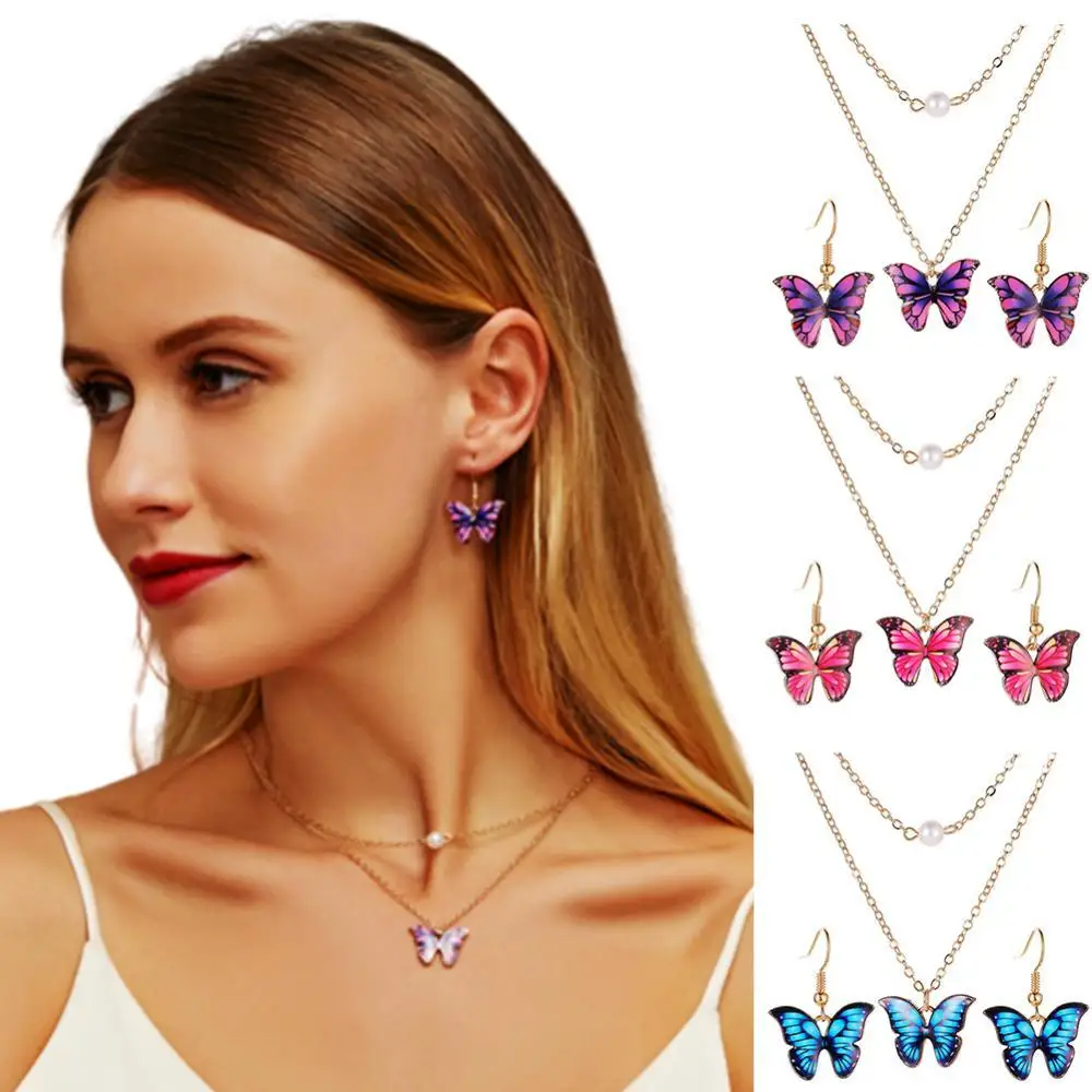 

2Pcs Fashion Vintage Women 2-layer Faux Pearl Butterfly Pendant Chain Necklace Earrings Jewelry Decoration Chain 2021 Trend