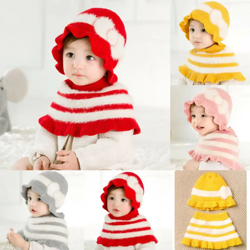 2019 Brand New 2Pcs Toddler Kids Baby Girl Princess Scarf+Cap Hat Winter Warm Knittde Scarf Shawl Hot Sale Discounts 0-28 Months | Детская