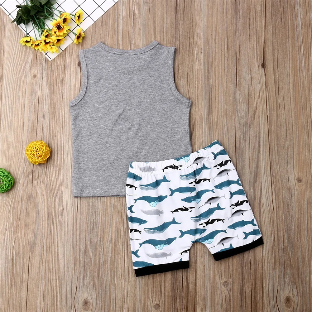 Toddler Kids Baby Boy Clothes Set Casual Summer Sleeveless Letter Gray Tops Tee T-shirts Shark Shorts 2Pcs Outfit Clothing | Детская
