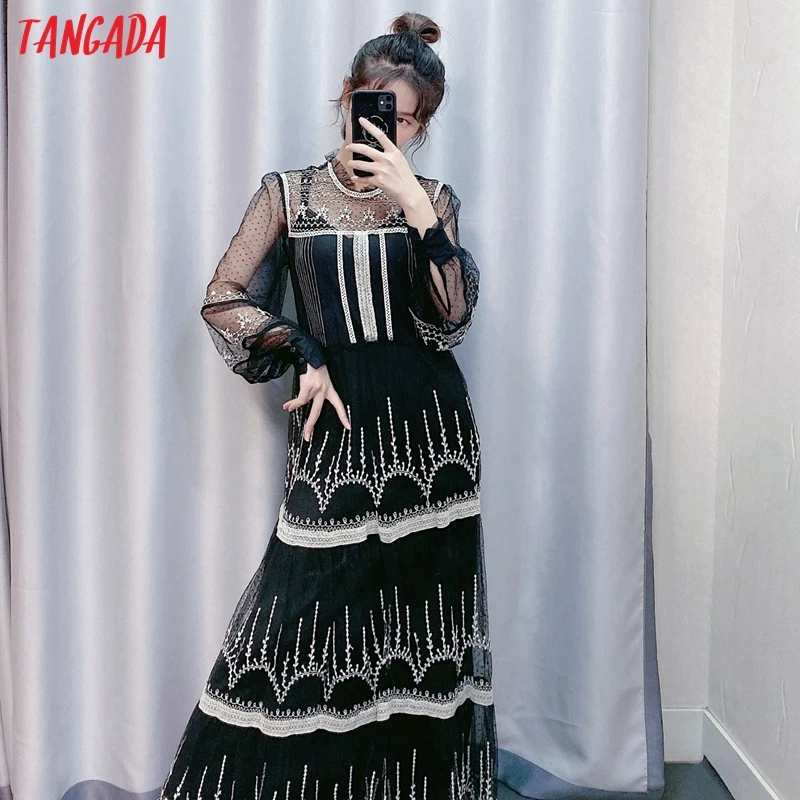 Tangada женское элегантное Сетчатое длинное платье с вышивкой с длинным рукавом Женские черные вечерние платья макси vestido CE181