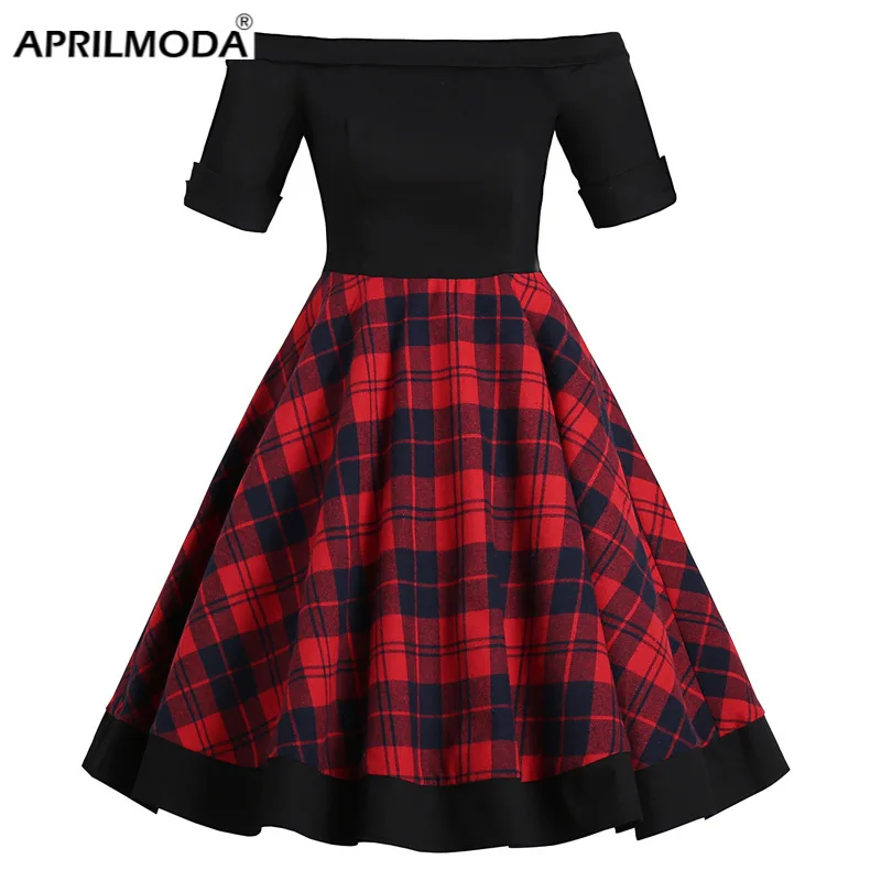 Женское винтажное платье средней длины в клетку черно красное составного кроя с