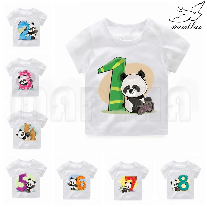 Белая футболка на день рождения с изображением панды и цифрами от 1 до 9 лет