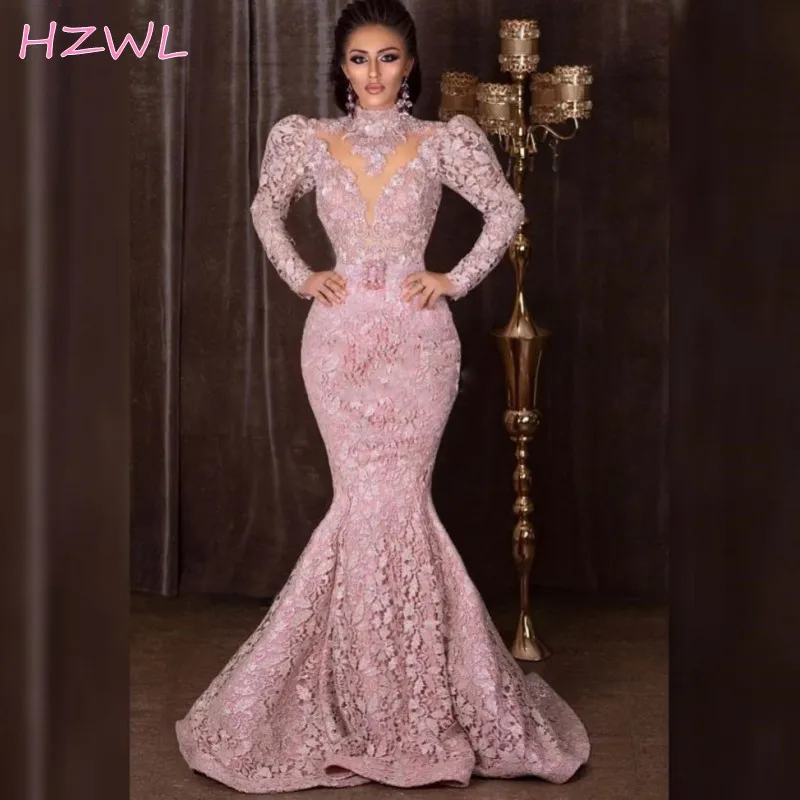 

2021 Saudi Arabia High Neck Mermaid Prom Dresses Full Lace Long Sleeves Evening Dress Zipper Back Formal Gowns Vestidos De Gala