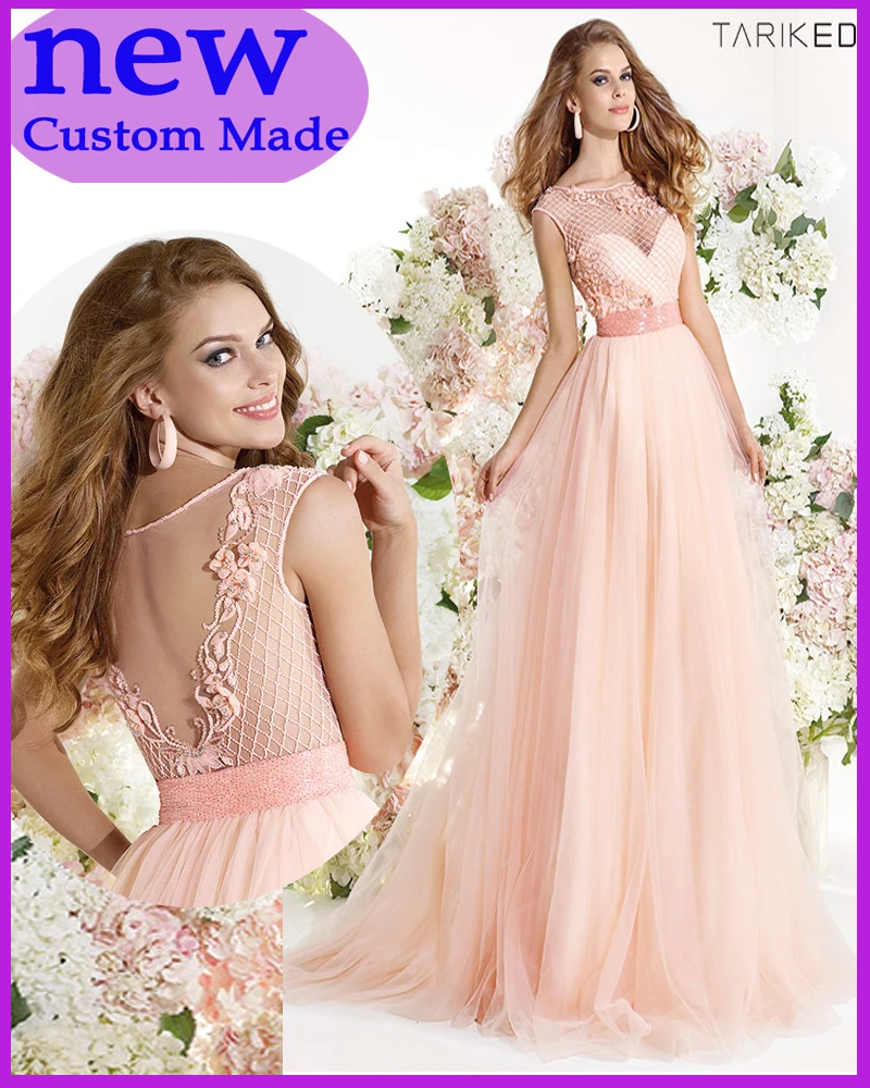 

2019 tarik ediz rosa azul feitos gossamer ver atravs vestidos de baile a- linha chiffon com flores artesanais prom dresses