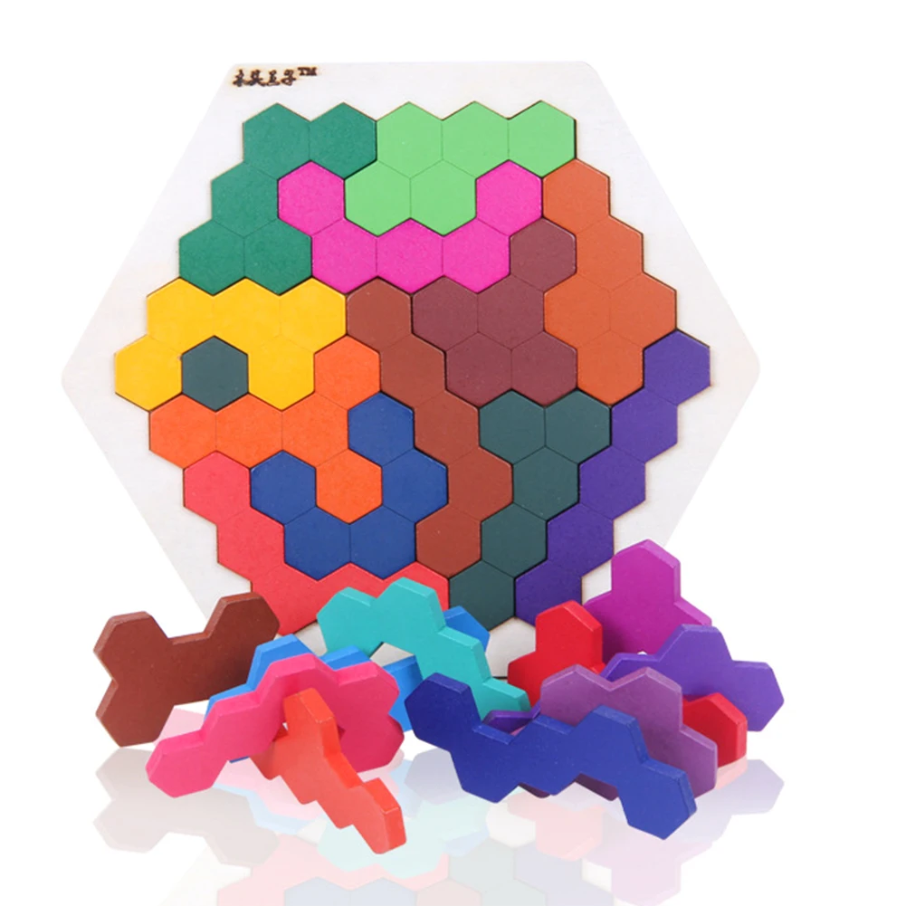 

Wood Puzzles IQ Hexagon Puzzle Honeycomb Shape Tangram Board Toy Interesting Changeful Puzzle Toys For Children Adults Education