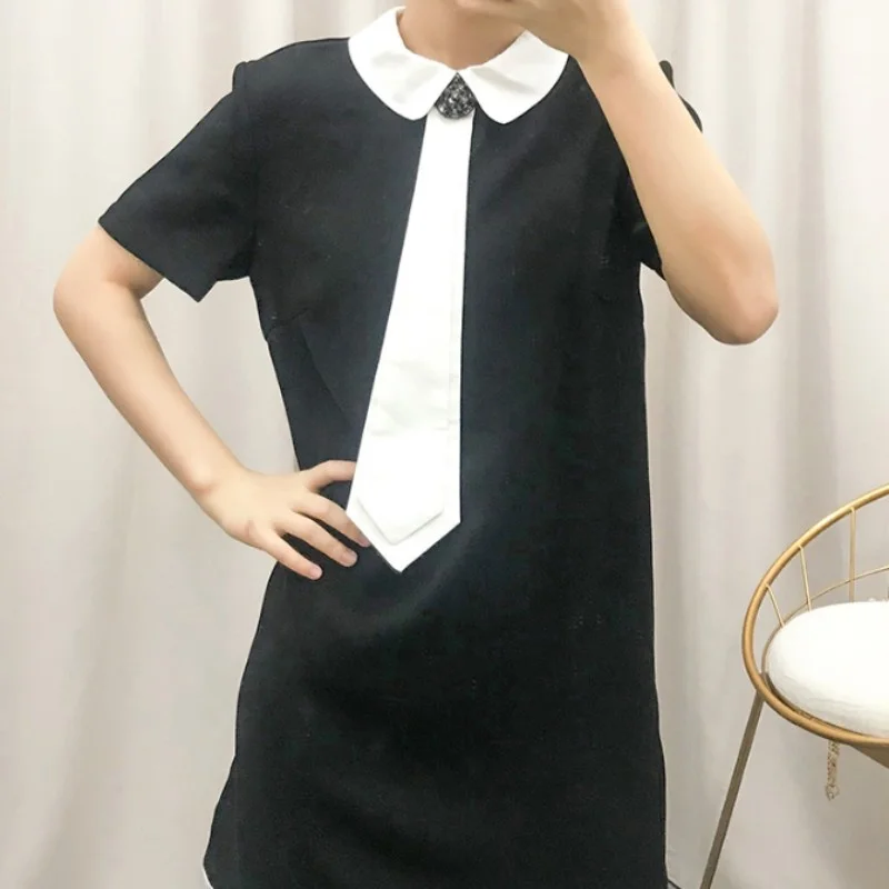 Black New Doll Collar Girls dress Preppy Styale Casual Loose Fit Sweet Tie Dress Women Short Sleeve Knee Length A Line Dresses