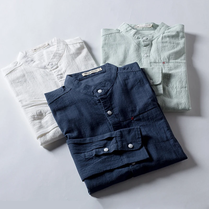 Льняная рубашка с воротником-стойкой длинным рукавом | Мужская одежда