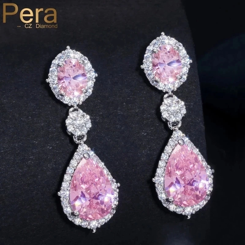 

Pera Sparkling Silver Plated Sweet Pink CZ Crystal Bridal Wedding Long Big Teardrop Earrings Jewelry for Brides Party Gift E075