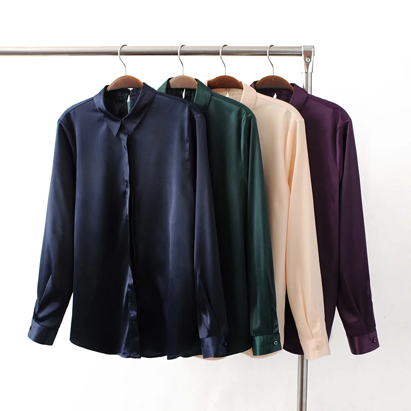 

TMODA801 Za Casual Satin Shirts Silk Blouses Long Sleeve Lapel Button Woman Solid Color Slim Cardigan Basic Single Breasted Tops