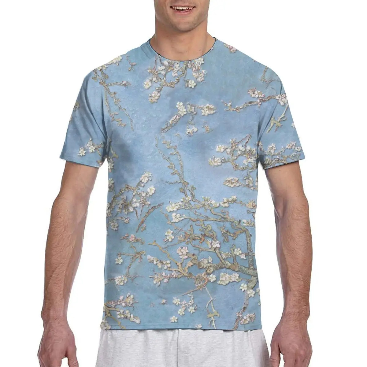 Голубая вишневая модная футболка для мужчин 2020 Летняя мужская с вырезом лодочкой