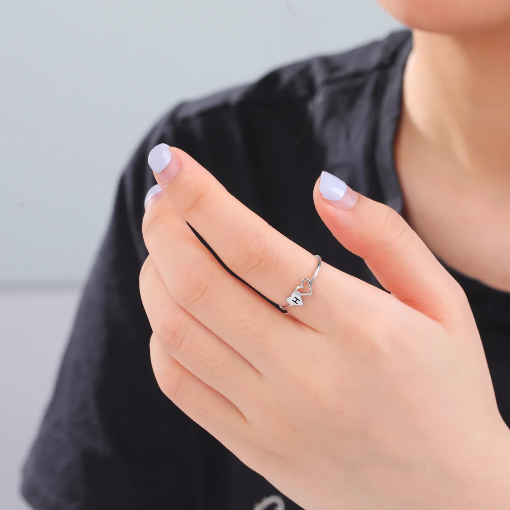 Skyrim Minimalist Double Hearts Initial Letter Rings Women Stainless Steel A-Z Alphabet Trendy Ring 2022 Fashion Jewelry Gift | Украшения и