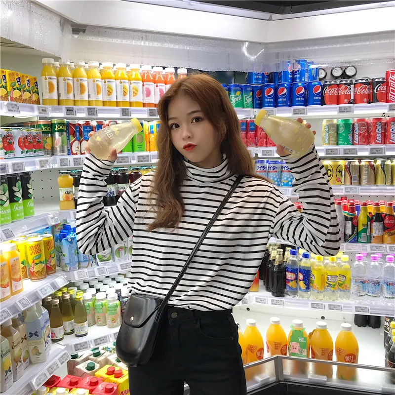 Осенняя Винтажная футболка в полоску с высоким воротником и длинным рукавом