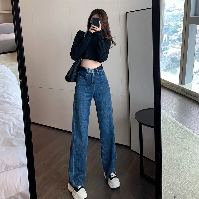 

2020 Autumn and Winter New Two-Color Waist Fashionable Retro Frayed Hem Straight-Leg Pants Versatile High Waist Slimming Jeans