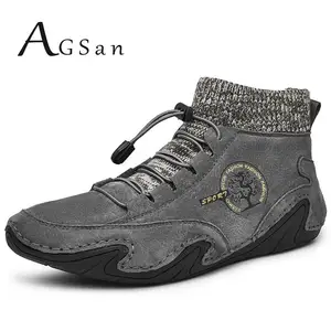 Мужские высокие кроссовки AGSan, черные ботильоны из натуральной кожи, на шнуровке, Уличная обувь, плюшевая обувь, большой размер 48, 47, для зимы, 2019
