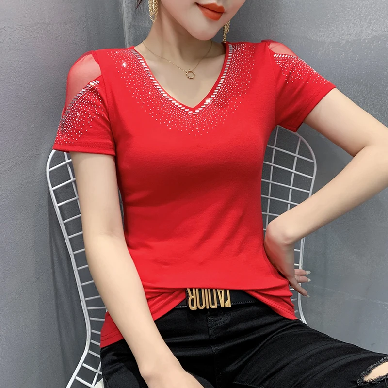 

Women's t-shirt New 2021 Summer Short Sleeve V-Neck Mesh Tops And Shirt Elegant Slim Hot Drilling Blusas Shirt