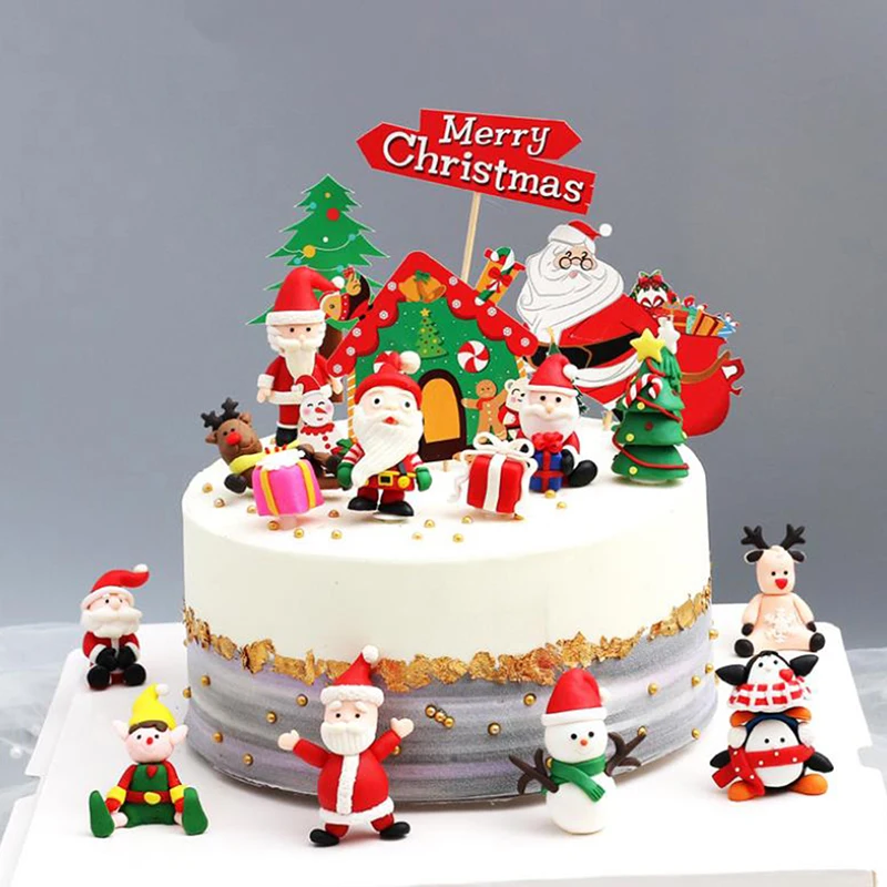 1PCS Cartoon Christmas Cake Ornaments Santa Claus Deer Snoeman XMAS Cake Topper