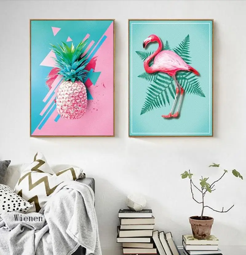 

Modern Fruit Pineapple Nordic Poster Pink Flamingo Animals Canvas Painting Wall Pictures for Living Room Home Decoration Unframe