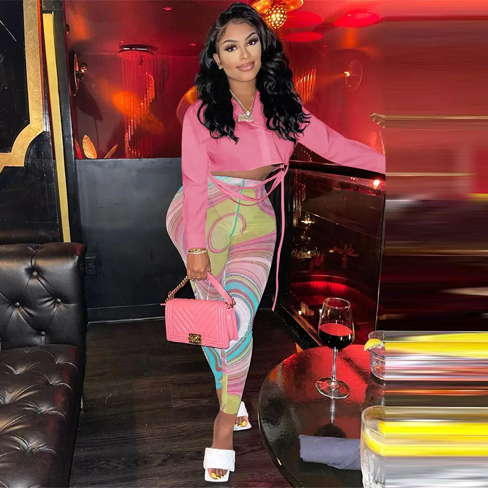 

Young Style 2 Piece Pant Suit Women's Clothing Long Sleeve Ribbon Cropped Top+aesthetic Print Mesh Pencil Pant Hipster Outfits