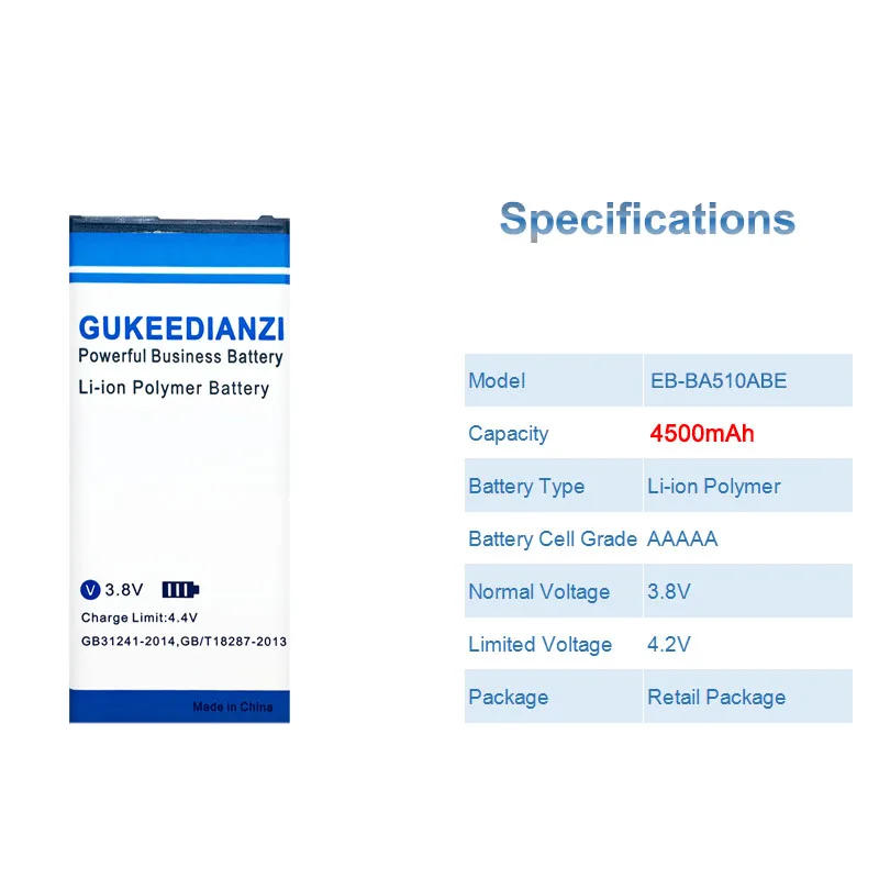 GUKEEDIANZI, EB-BA510ABE, 4500 мА/ч, аккумулятор для телефона samsung GALAXY A5, Edition, A510 SM, A510F, A5100, сменная батарея для мобильного телефона