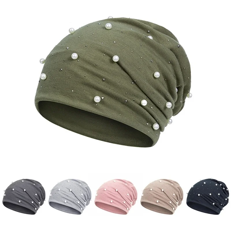 

Winter Women Slouchy Beanie Hats Soft Cotton Pearl Rhinestone Dotted Hats Autumn Women Girls Warm Skullies Caps Bonnet Hats Hot