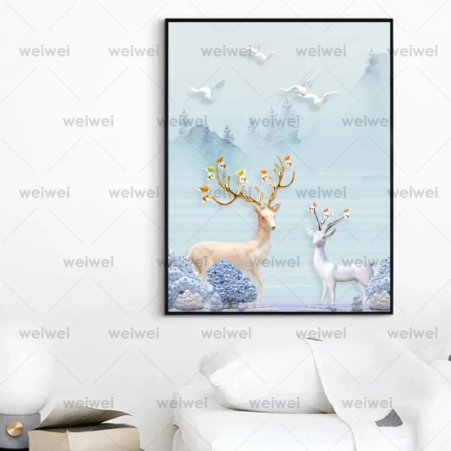 Настенная 3D Картина на холсте с лесным деревом горой птицей оленем скандинавские