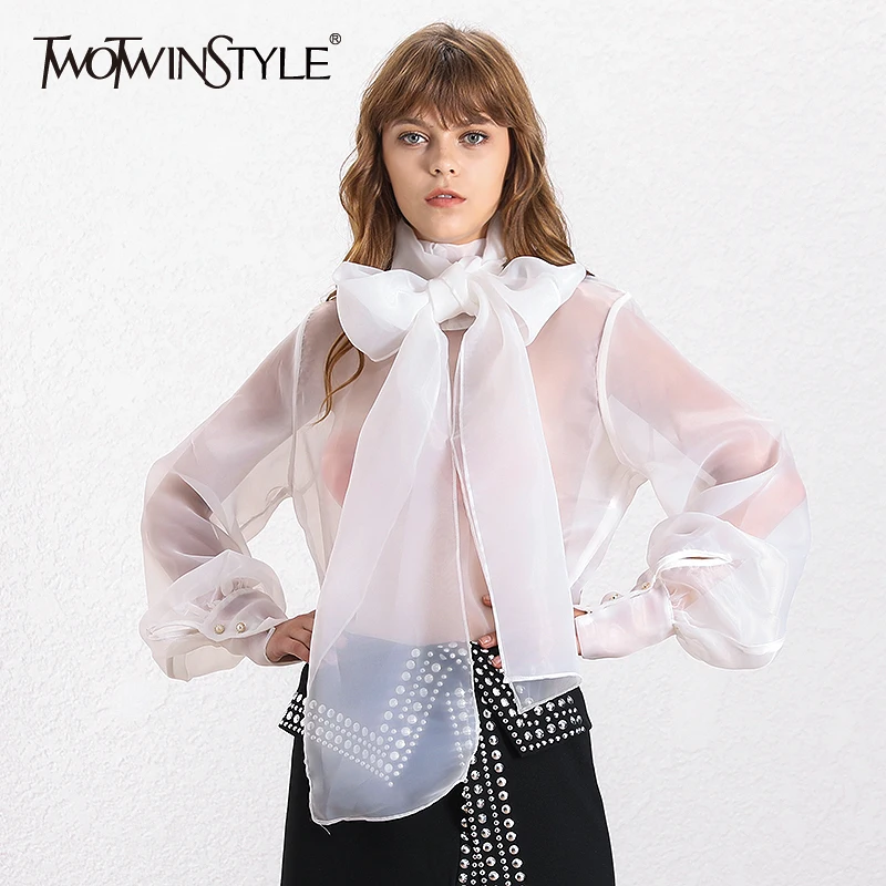 TWOTWINSTYLE, элегантные женские топы и блузки, рукав-фонарик, на шнуровке, плюс размер, рубашки для женщин,, осенняя мода, новинка