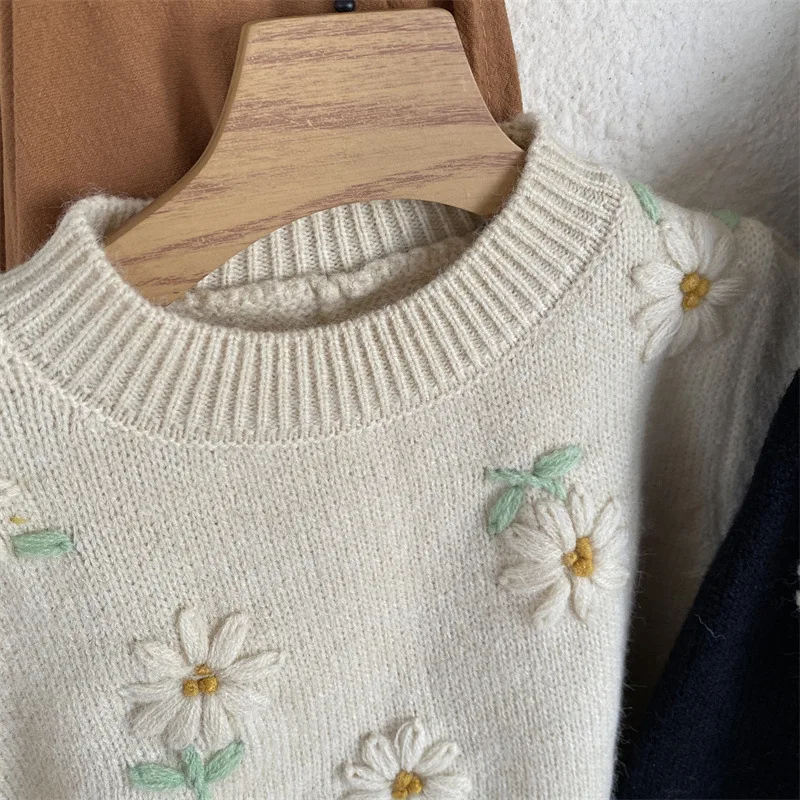 Teenmiro Kids Girls Daisy Knitwear Winter Teenager Embrodiery Flowers Pullover Sweater Toddler Knit Wear Children Knitted Tops