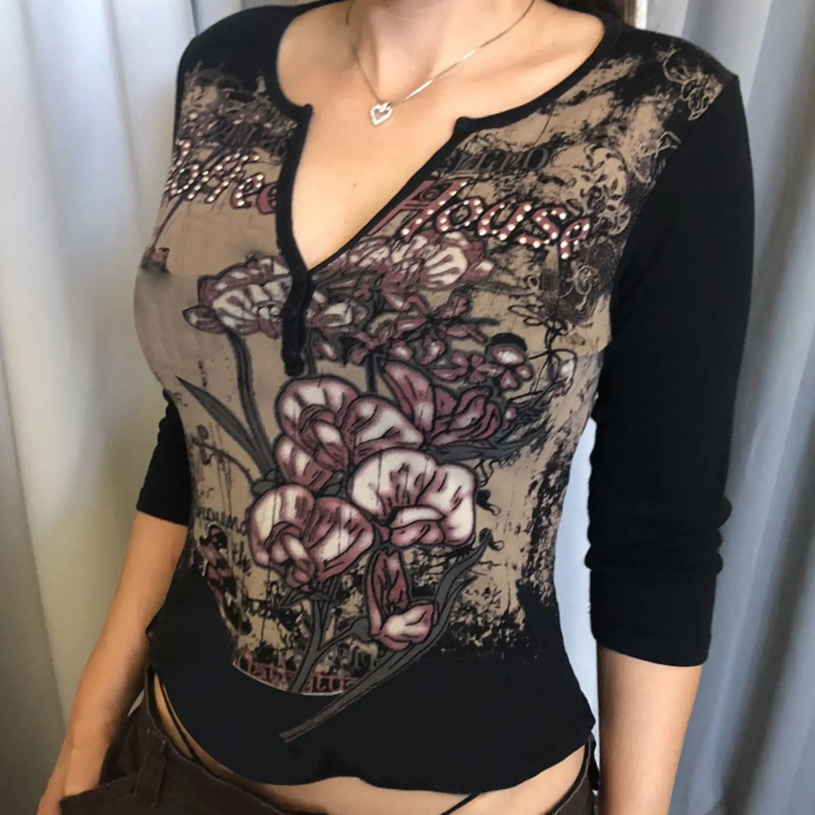 

Women's T Shirts V Neck Long Sleeve Tops Summer Flor Print Casual Bodycon Tunic Top