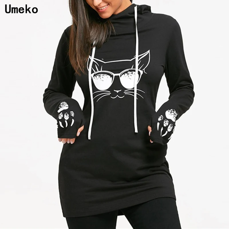 

Umeko 2021 Autumn Fashion Women's Cotton O-neck Long Sleeve Casual Style Sweatshirts Cartoon Cat Print Drawstring Tunic Hoodie