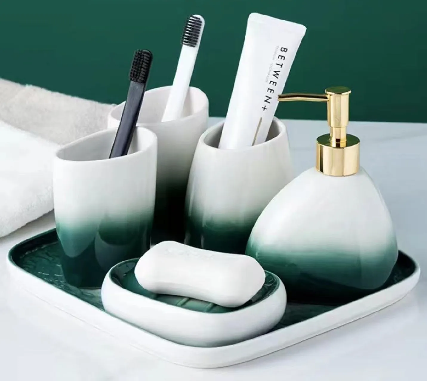 Bathroom Accessories Set Toothbrush Holder Soap Dish Dispenser Tumbler Tray Gradual Ceramic Bathroom Supplies Appliances