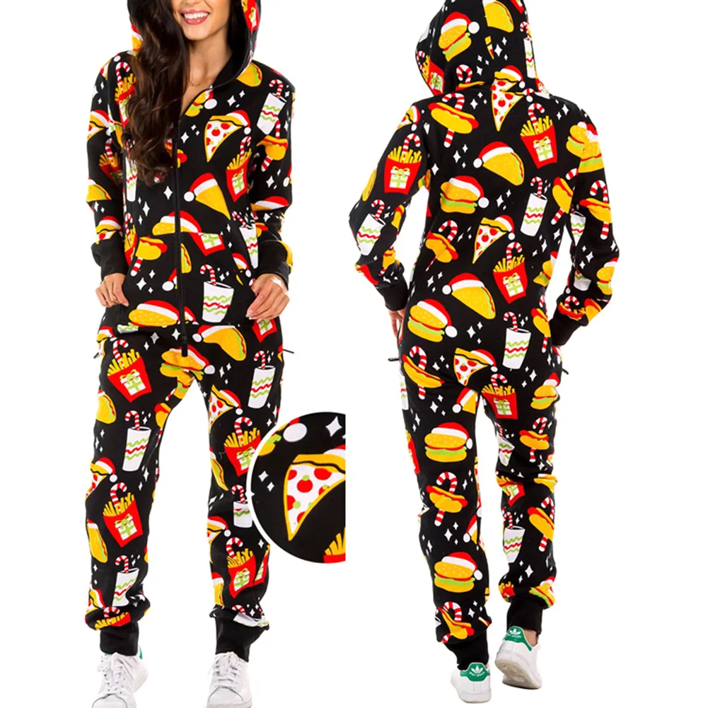 Пижама женская Рождественская с капюшоном уютный комбинезон принтом Санты