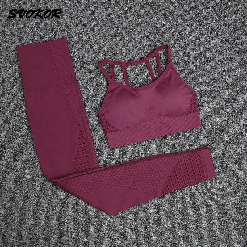 

SVOKOR Yoga Set Fitness Clothing Women Seamless Hollow Gym Sports Set Workout High Waist Leggings Bra Sportwear