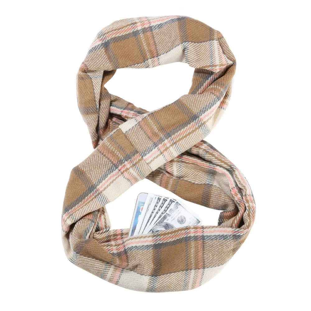 Клетчатый шарф бесконечность обертывание потайной карман с молнией Теплый Женский обертывание с потайной карман с молнией Бесконечность путешествия шарфы Женщины Мужчины