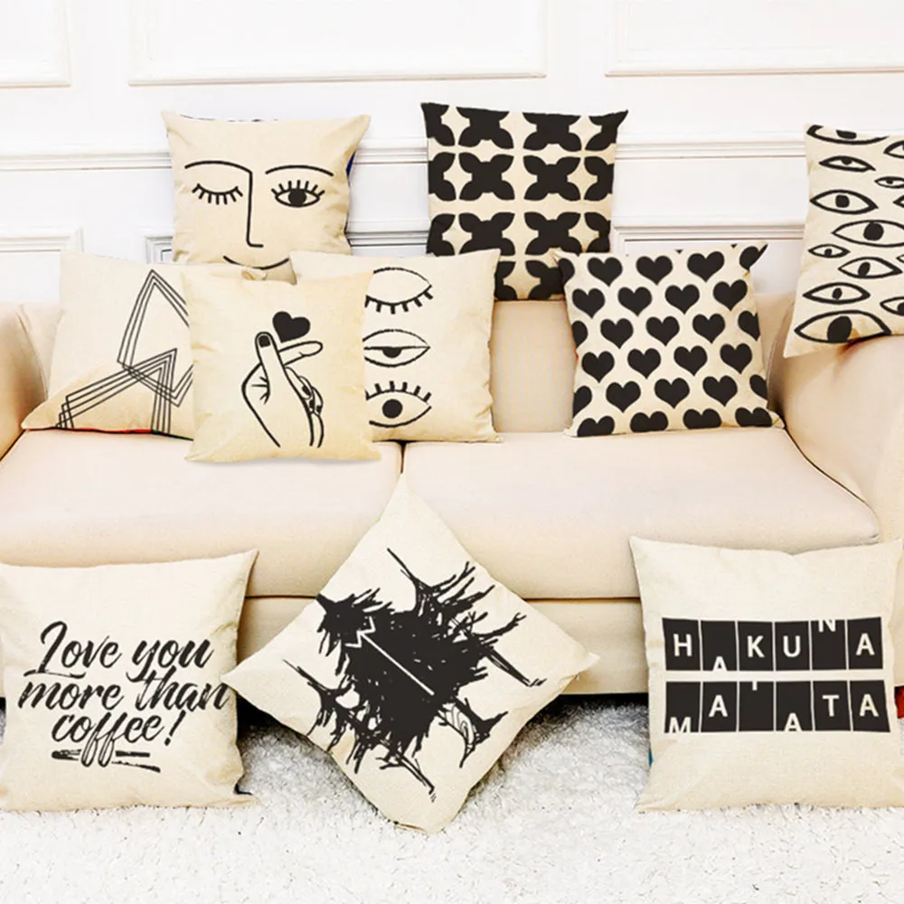 Черно белые чехлы на диванные подушки с надписью Декоративные Чехлы для гостиной