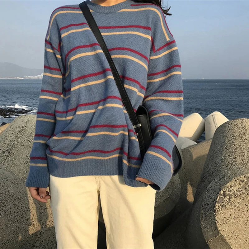 

Korean Stripe Sweaters Women's Retro Pullover Sweater Autumn Winter Casual O Neck Loose Knitted Sweaters Harajuku Female Jumpers