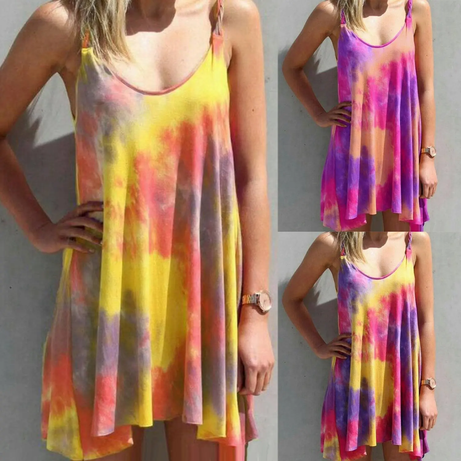 

Women's Summer Fashion Rainbow Print Mini Suspender Dress